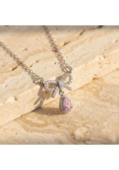 Pembe Damla Taşlı Çelik Kurdele Kolye Gümüş