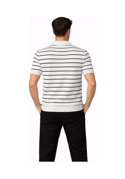 Erkek Triko Polo Yaka Fermuarlı Çizgili Tişört T-shirt Yazlık Şık - Beyaz