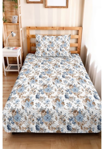 Çiçekli Mavi Otantik Tek Kişilik Pike Takımı - Vintage Floral Yazlık Kapitone Yatak Örtüsü 160x220cm Ayazlı Halı Kıyımı