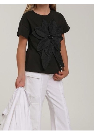 Escabel Kız Çocuk Çiçek İşlemeli Tasarım T-shirt-15614 Siyah