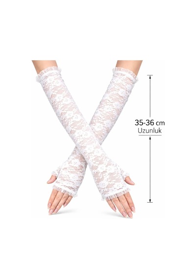 Veraura Lifestyle Uzun Zarif Dantel Eldiven Parmaksız Beyaz 35 Cm Standart