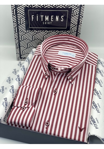 Slim Fit Uzun Kol Likralı Çizgili Yaka Düğmeli Hediye Kutulu Erkek Gömlek Fs-003669 - Bordo-2576 Slim Fit Uzun Kol Likralı Çizgili Yaka Düğmeli Hediye Kutulu Erkek Gömlek Fs-003669 - Bordo-2576