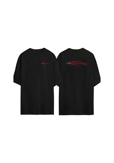 Thewert Unisex Red Vehicle Car Ön Arka Baskılı Sıyah Oversize T-shirt Siyah