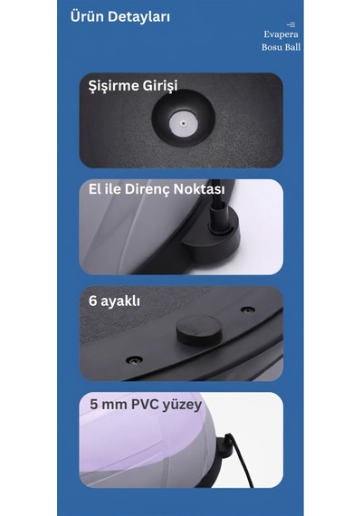 Evapera Modern Uluslararası Standartlarda Çift Renkli Denge Mobilite Pilates Bosu Ball Aleti Topu 58cm Gri-mavi