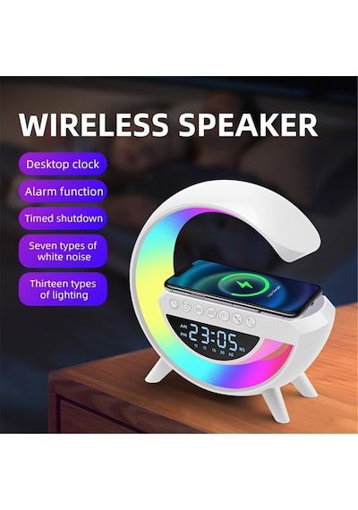 Geeksen Bluetooth Hoparlörlü, 15w Kablosuz Şarjlı, Renkli Ortam Işıklı Çok Fonksiyonlu Led Masa Lambası Ve Alarmlı Saat