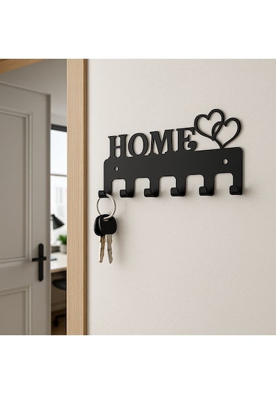 Lunoart Home Yazılı Kalpli Metal Anahtarlık Askısı Duvar Tipi Anahtar Organizer Siyah