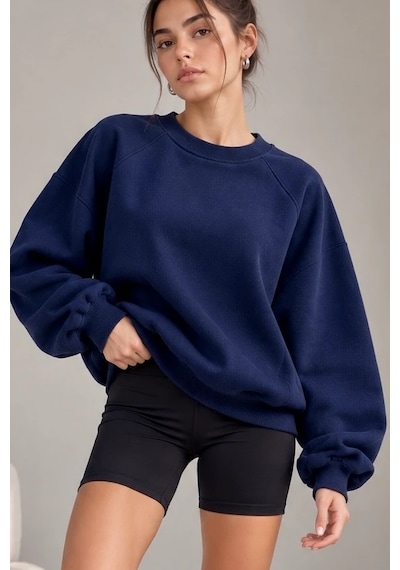 Bbbutikbasic Kadın Şardonlu 3 İplik Kısa Reglan Kol Sweatshirt My3535 Lacivert