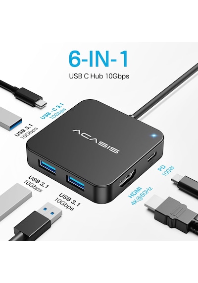 Acasis HC31 HDMI Type-C PD 100 W 6 İn 1 Hub AC HC31
