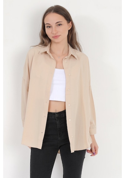 Giysa Kadın Bej Uzun Kollu Basic Pamuklu Oversize Gömlek - 3900 Bej
