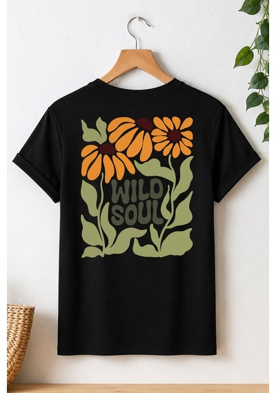 Spoyi Wild Soul Tasarımlı %100 Pamuk Yarım Oversize Siyah T-shirt