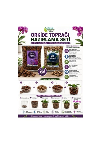 Hüskon Ticaret Oekide Toprağı Hazırlama Seti 2'li - 1 Litre Ithal Çam Kabuğu + 1 Litre Kil Bilyesi 8-16mm Orkide Dikim Ve Saksı Değişim Seti 1 L