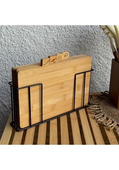 Tantitoni 4'lü, 28x18 Cm, Bambu, Standlı Kesme Tahtası, 4'lü Kesme Tahtası Siyah