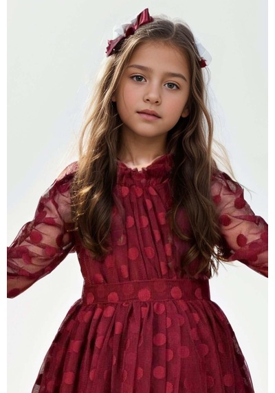 Riccotarz Kız Çocuk Boydan Üzeri Puantiye Detaylı Kolları Şeffaf Tül Bordo Elbise