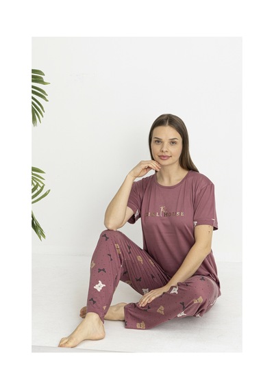 Estiva Kadın Ayıcık Alt Desenli Kısa Kollu Soft Pijama Takımı Pudra