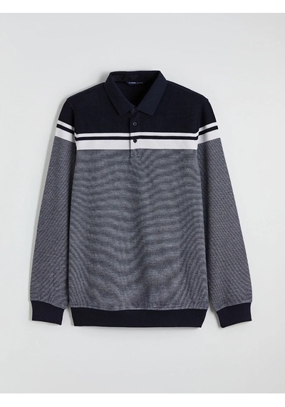 Lc Waikiki Lacivert Polo Yaka Renk Bloklu Erkek Sweatshirt