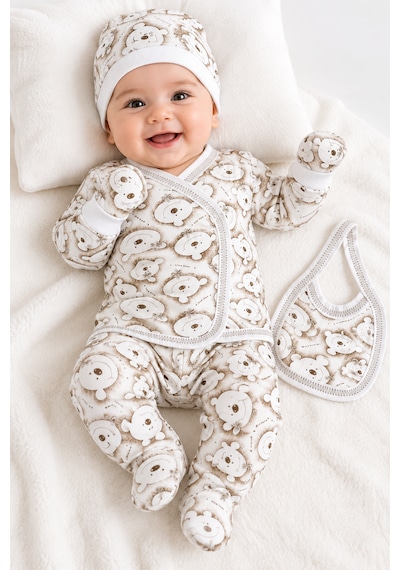 Hece Bebe %100 Pamuklu 5 Parça Yenidoğan Mutlu Ayıcık Desenli Hastane Çıkışı Seti Bebek Zıbın Takımı, Şapka, Önlük, Eldiven Ekru - Kahverengi