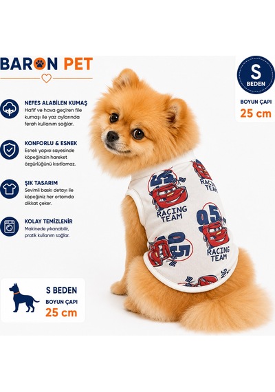 Köpek Tişörtü S Beden Boyun Çapı 25 Cm Yarış Arabası Desenli Kolsuz Atlet - Krem