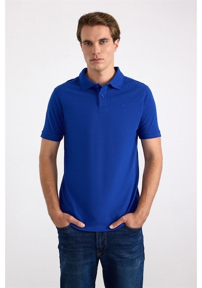 Süvari Saks Mavi Slim Düz Nakışlı Pike Düğmeli Polo Yaka Tişört Ts1014000474-m05