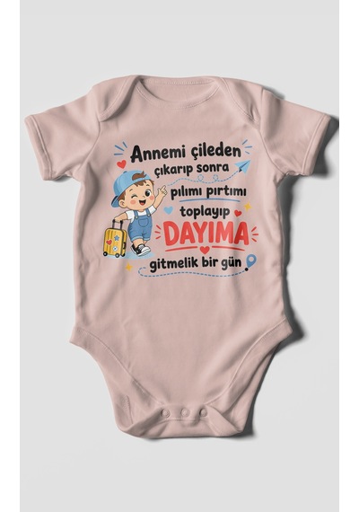 Morivokids Anneye Ve Dayıya Özel Kısa Kollu Bebek Body %100 Pamuk Zbn153-kk Pastel Pembe