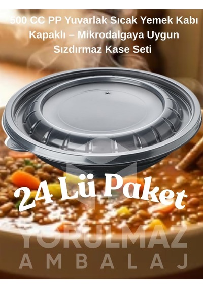 500 Cc Pp Yuvarlak Sıcak Yemek Kabı Kapaklı Mikrodalgaya Uygun Sızdırmaz Kase Seti 24 Adet