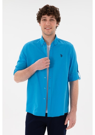 U.S. Polo Assn. Erkek Mavi Keten Görünümlü Basic Gömlek 50306285-VR007
