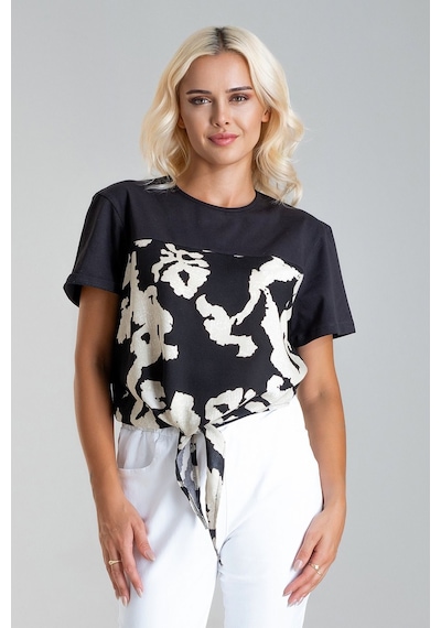Kadın Bağlamalı Baskılı Viskon Kombinli Likralı Örme Kumaş Sıfır Yaka Tshirt Ekru - Siyah Kadın Bağlamalı Baskılı Viskon Kombinli Likralı Örme Kumaş Sıfır Yaka Tshirt Ekru - Siyah