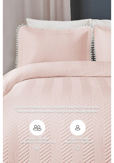 Evlen Home Ollie %100 Pamuk Yatak Örtüsü Pike Takımı Çift Kişilik Ponponlu Kapitone Günlük Pudra
