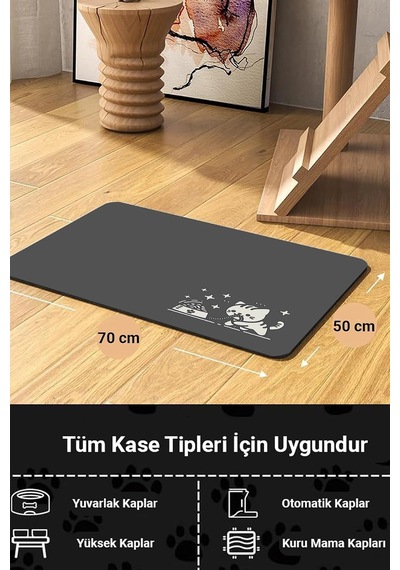 Matgo Pati Mama Çeken Kedi Gri Renk Beslenme Matı Kaymaz Sıvı Geçirmez Kedi Köpek Mama Paspası 50x70cm