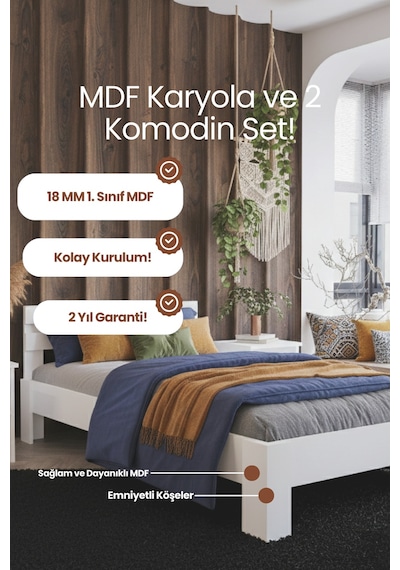 Letto Tek Kişilik Mdf Karyola Ve 2 Komodinli Set