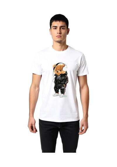 Paybuy Erkek Grafik Baskılı Oyuncak Ayı Karakterli Tişört Kulaklıklı Spo Beyaz