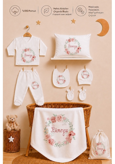 Pia Baby Kız Bebek Hastane Çıkışı 12 Parça %100 Pamuk İsme Özel Organik Baskılı Kese Hediyeli 209111k3x Ekru