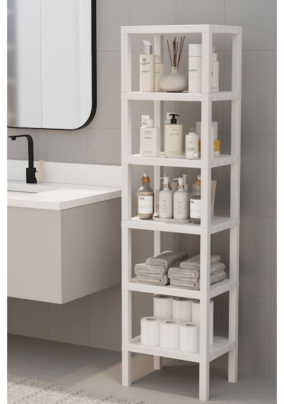 6 Katlı Dikey Raf Düzenleyici Plastik Raf Ünitesi Beyaz, Kitaplık, Banyo, Mutfak Rafı, Beyaz Beyaz