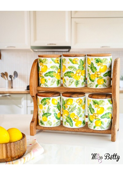 Citrus Ahşap Standlı 6'lı Porselen Baharatlık Sarı