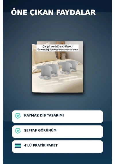 4'lü Şeffaf Çarşaf Ve Yorgan Sabitleyici Kaymaz Dişli Tasarım, Ev Temizliği İçin Pratik Çözüm Açık Indigo
