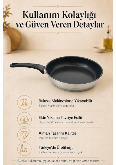 20 Cm Seramik Kaplamalı Paslanmaz Çelik Bakalit Kulplu İndüksiyon Uyumlu Tava Gümüş