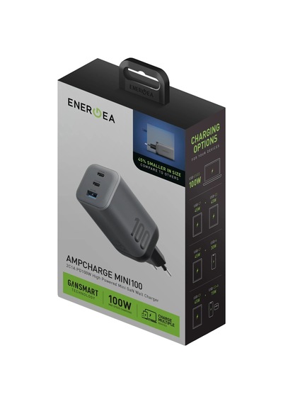 Energea Ampcharge Mini 100 2 Adet 100w Type-c Ve 1 Adet 30w Usb Çıkışlı Pd Pps Qc 3.0 Gan Hızlı Şarj Aleti - Siyah