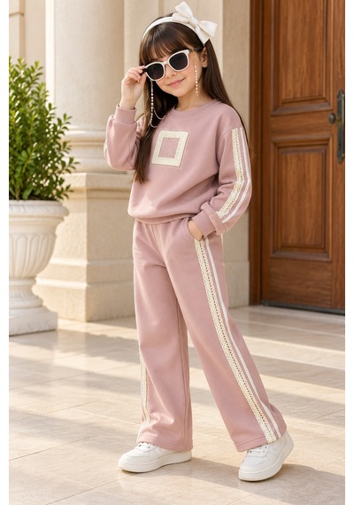 Kokoş Bebe Kız Çocuk Taş Detaylı Dantel Şeritli 3 İplik Şardonlu Eşofman Takımı - 5/12 Yaş - 31985 Pembe