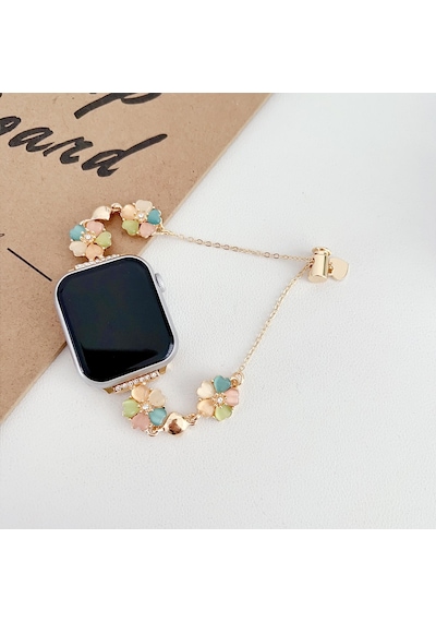 Apple Uyumlu  Watch Seri 4 5 6 7 8 9 10 42-38-40-41mm Çiçekli Ve Kalp Zincir Detaylı Bileklik Tasarım Kordon