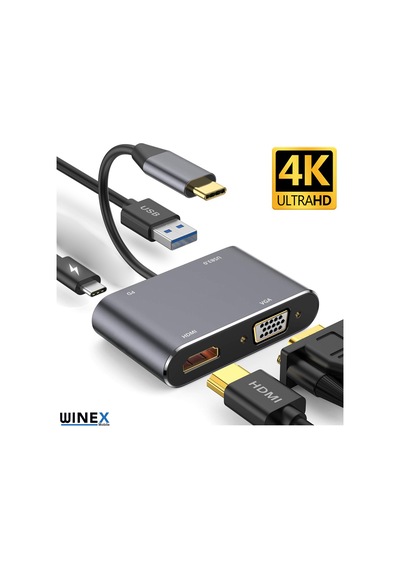 Winex 4In1 Type-C To Hub Pd 65W Hdtv Vga Usba Dönüştürücü Adaptör