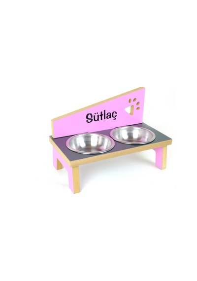 Ahşap, Çelik Kâseli, Özel Isimli Kedi-köpek Mama Ve Su Kabı Stantı- Pembe-antr.-pembe-2 350 Ml.