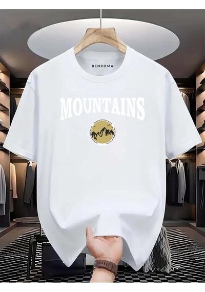 Mountaıns Baskılı Oversize Tişört BEYAZ
