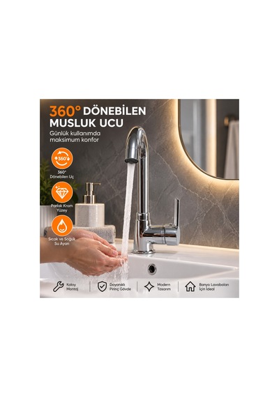 Krom Lavabo Bataryası 360 Döner Gövdeli Tek Kollu Lavabo Musluğu Şık Modern Tasarım Gümüş