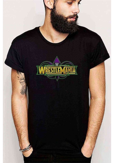 Wrestle Mania Baskılı Siyah Erkek Tshirt