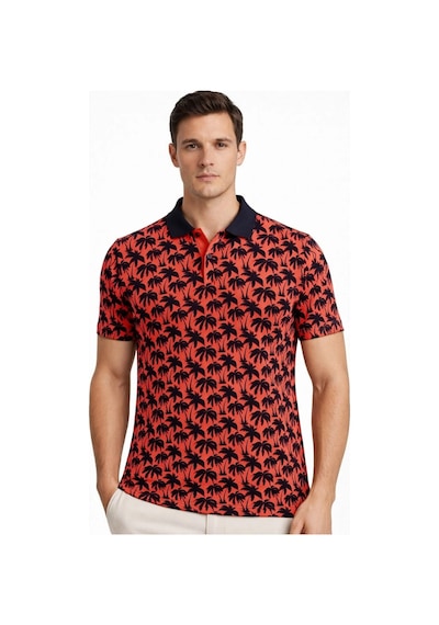 Barlashive Erkek Pike Kumaş Polo Yaka Palmiye Desenli Tişört Kısa Kol Yazlık T-shirt - Kırmızı Çok Renkli