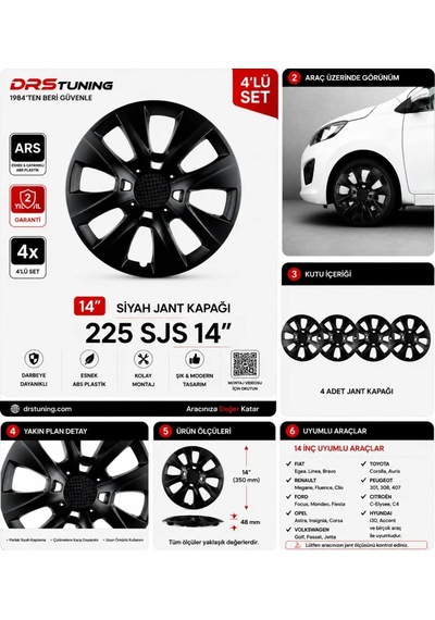 Hyundai Uyumlu 14 Inc Kırılmaz Parlak Siyah Jant Kapağı 1 Takım 4 Adet No:225