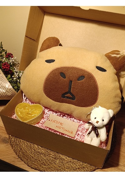 Kutulu Hediye Seti / Capybara Yastık 30cm, Ayıcık Anahtarlık Ve Kalp Şeklinde Tüllü Kutu