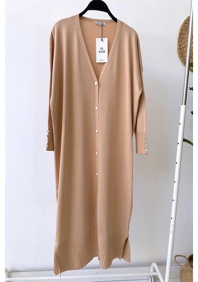 Kahijab Maxi Boy Düğmeli Merserize Hırka - Sütlü Kahve