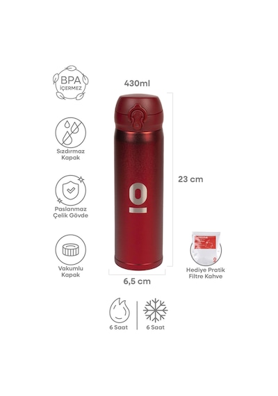Kırmızı Dokulu Paslanmaz Çelik Termos 430 ML Kapaklı No:105