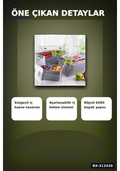 Bölmeli Süzgeçli 3 Parça Buzdolabı Organizer Seti 2.5-5-9 Litre Kilitli Kapak Bx-313436 Diğer