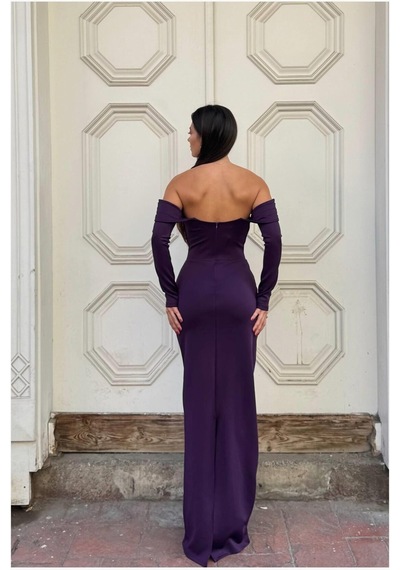 Lior Design Kadın Yeni Sezon Dik Yaka Payetli Maxi Uzun Kollu Abiye Elbise Mor